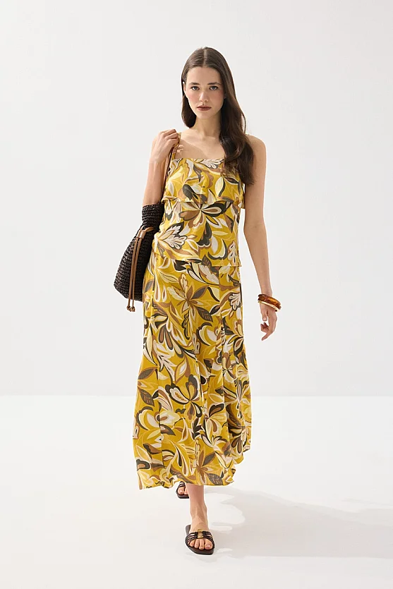 Askılı Desenli Keten Bluz - Sarı - 2