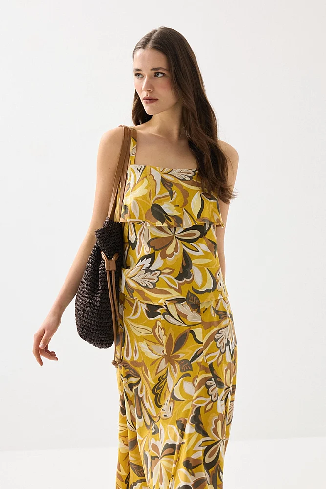 Askılı Desenli Keten Bluz - Sarı Yellow