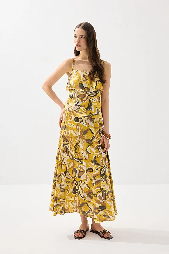 Askılı Desenli Keten Bluz - Sarı - 4