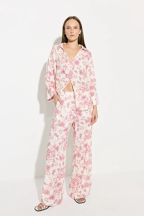 Desenli Beli Lastikli Bol Paça Pantolon - Pembe - 3