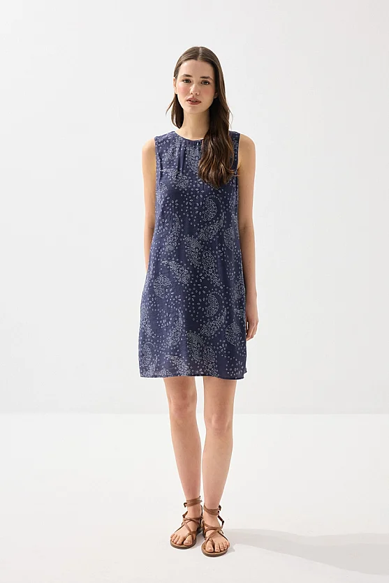 Patterned Viscose Pinafore Dress - Navy Blue - Gusto