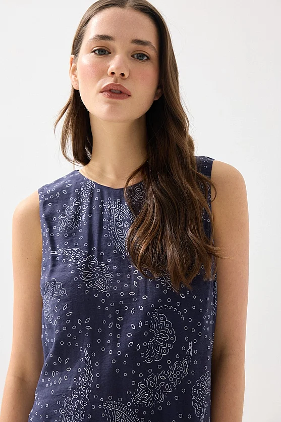 Patterned Viscose Pinafore Dress - Navy Blue - Gusto