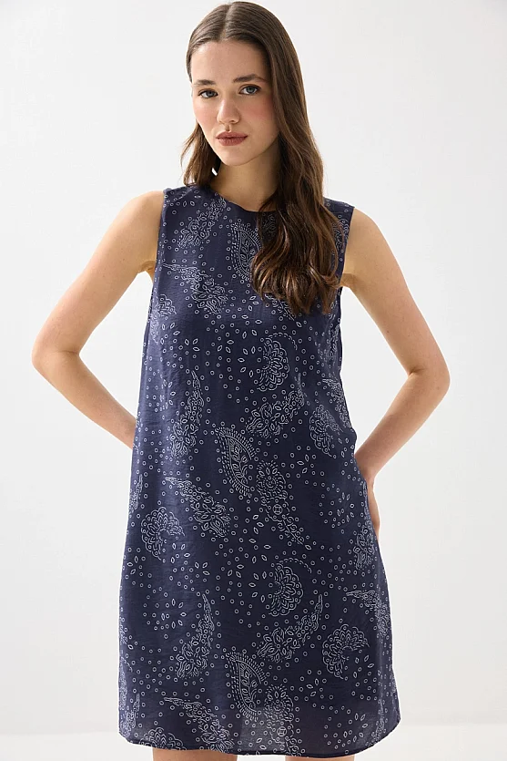 Patterned Viscose Pinafore Dress - Navy Blue - Gusto