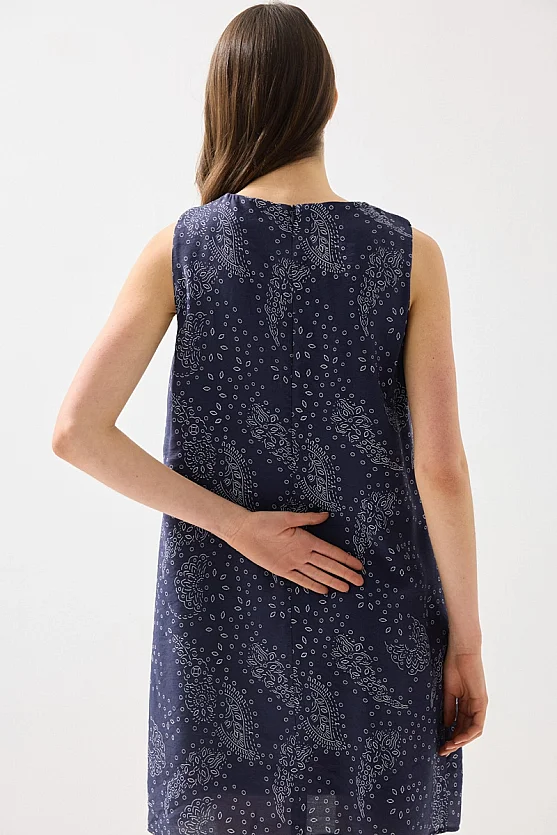Patterned Viscose Pinafore Dress - Navy Blue - Gusto