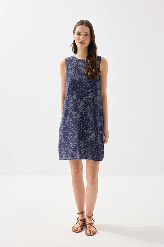 Patterned Viscose Pinafore Dress - Navy Blue - Gusto