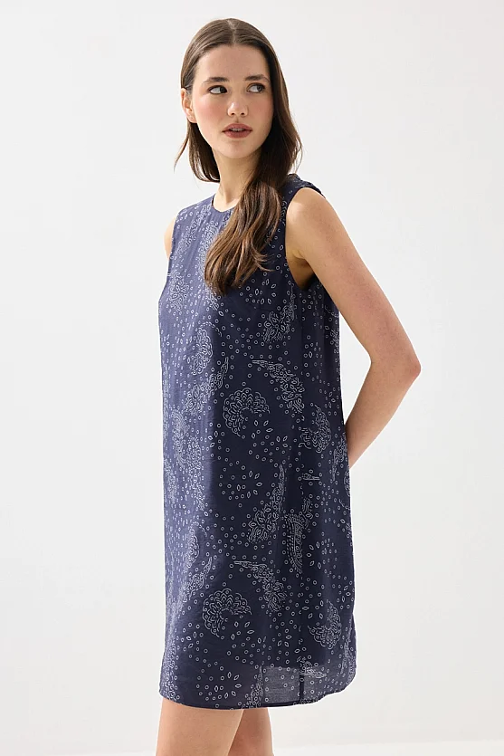Patterned Viscose Pinafore Dress - Navy Blue - Gusto