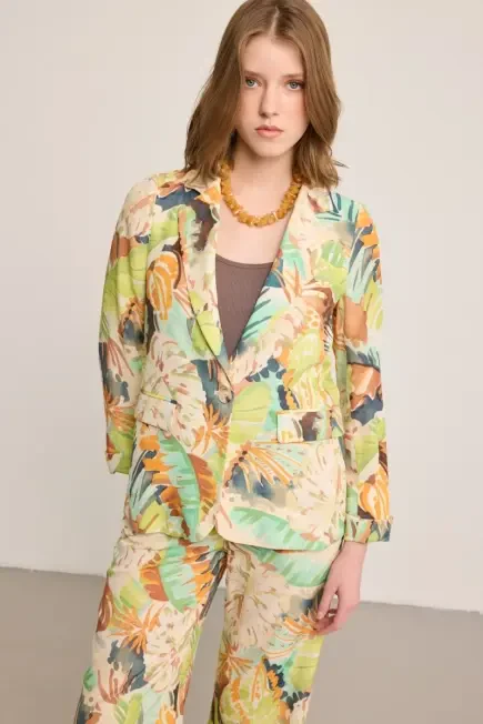 Desenli Keten Blazer - Çok Renkli - Gusto
