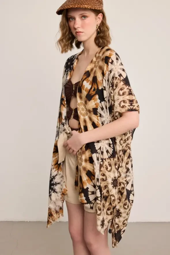 Desenli Kimono - Bej - 3