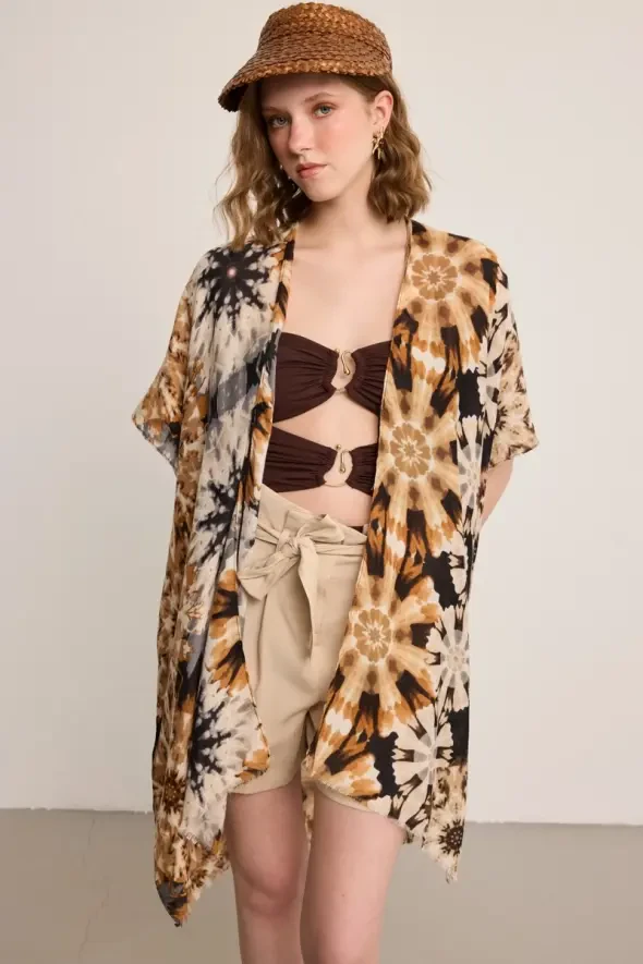 Desenli Kimono - Bej - 4