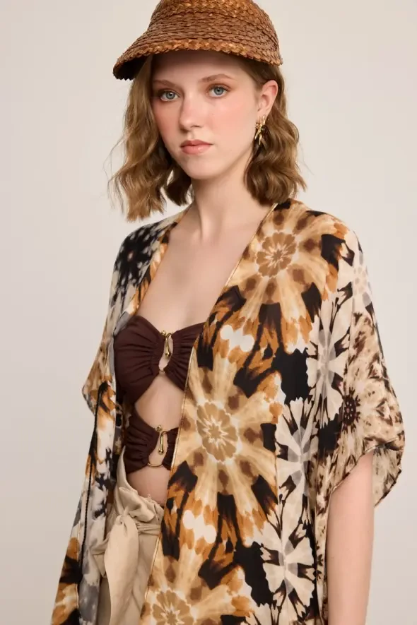Desenli Kimono - Bej - 2