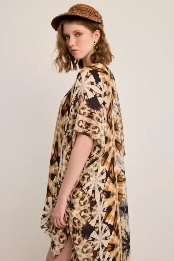 Desenli Kimono - Bej - 6