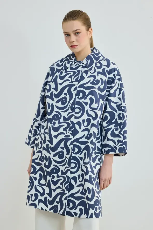 Desenli Koton Kaftan - Lacivert - 1