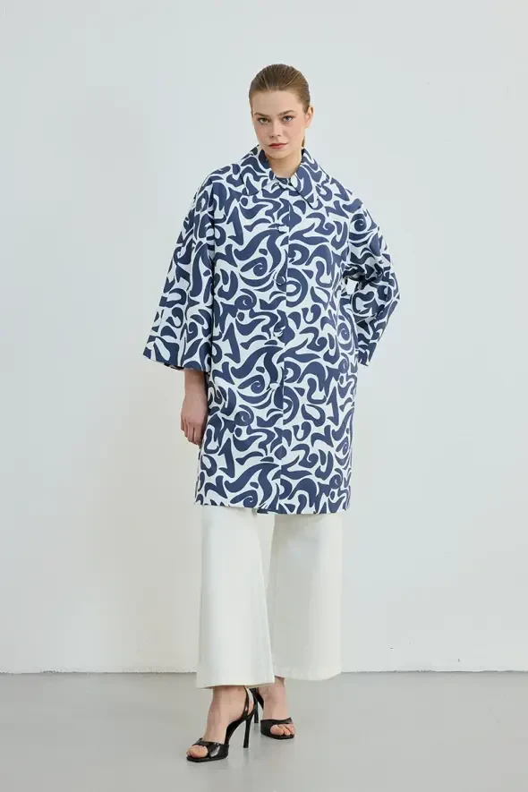 Desenli Koton Kaftan - Lacivert - 2