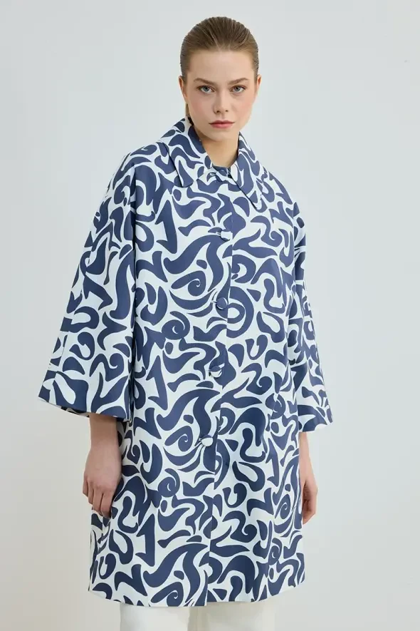 Desenli Koton Kaftan - Lacivert - 3
