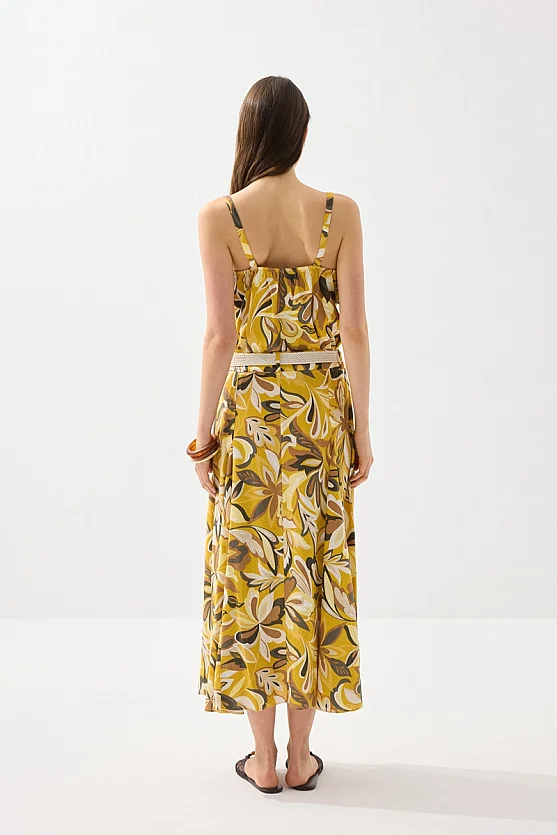 Hasır Kemerli Desenli Uzun Keten Etek - Sarı - 6