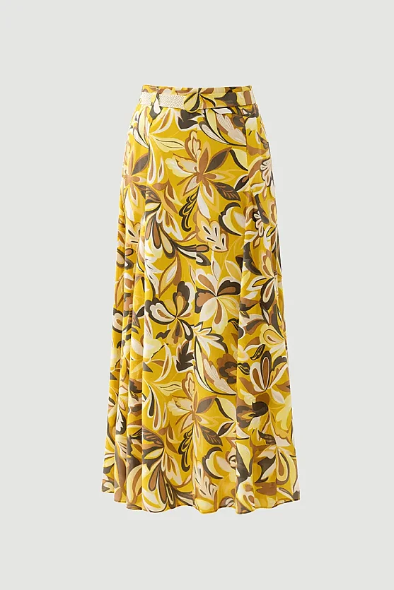 Hasır Kemerli Desenli Uzun Keten Etek - Sarı - Gusto