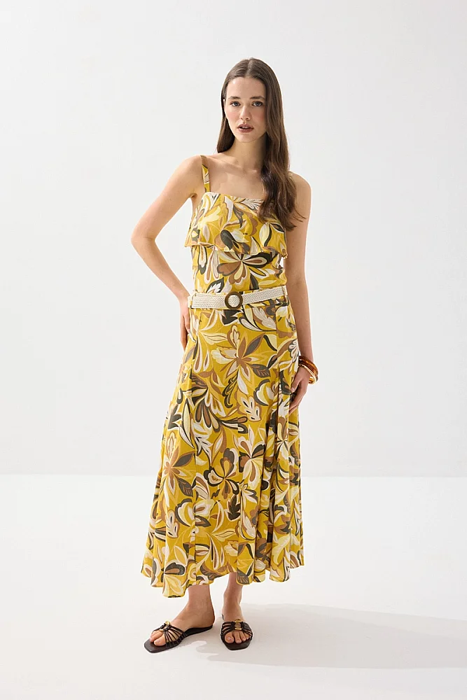 Hasır Kemerli Desenli Uzun Keten Etek - Sarı - Gusto