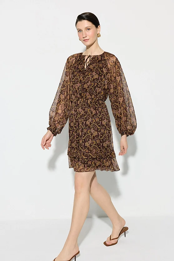 Desenli Rayon Şifon Elbise - Kahverengi - Gusto