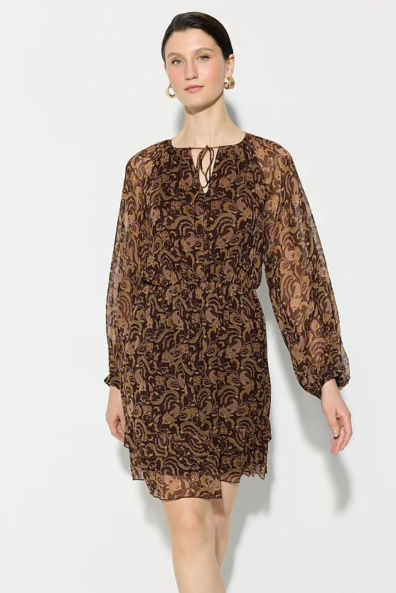 Desenli Rayon Şifon Elbise - Kahverengi - 2