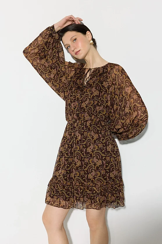 Desenli Rayon Şifon Elbise - Kahverengi - Gusto