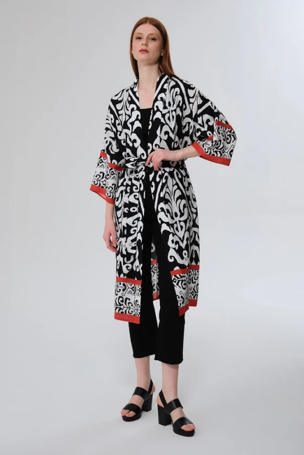 Desenli Uzun Kimono - Siyah Siyah