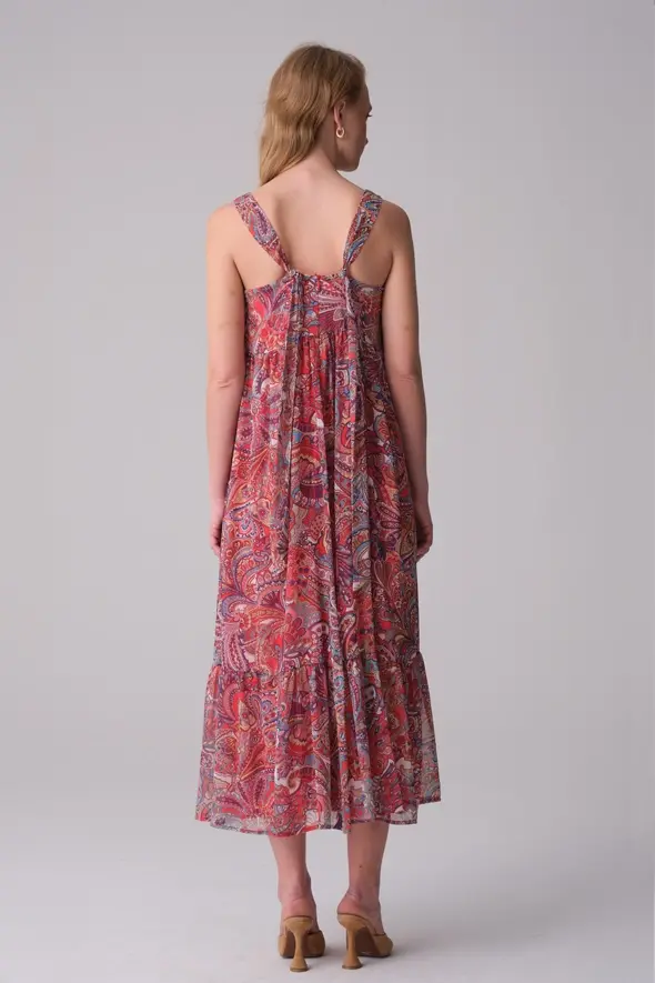 Desenli Uzun Şifon Elbise - Kırmızı - 5