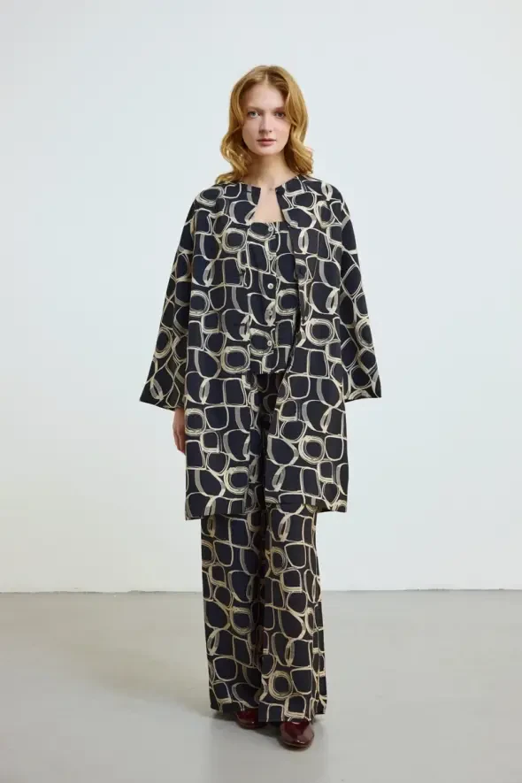 Desenli Yakasız Kaftan - Siyah - 2