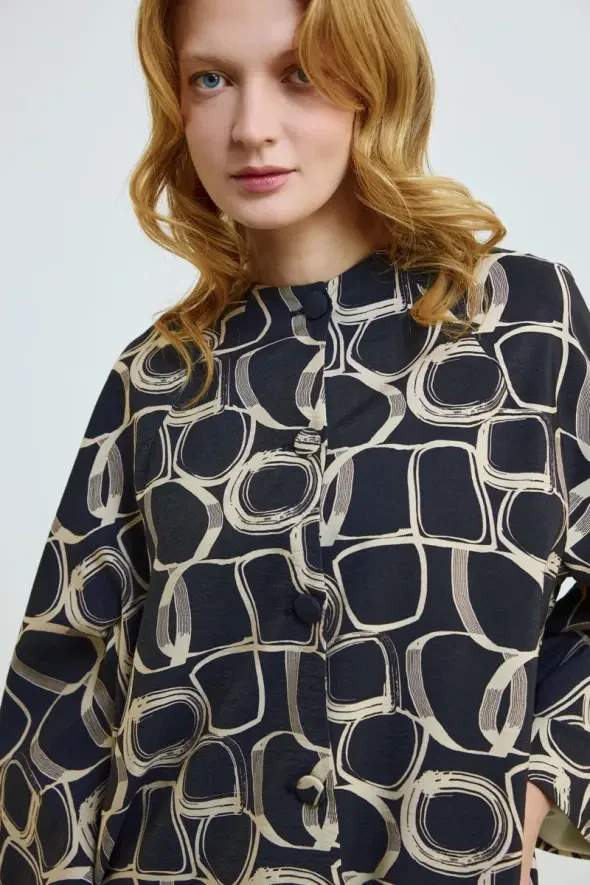 Desenli Yakasız Kaftan - Siyah - 3