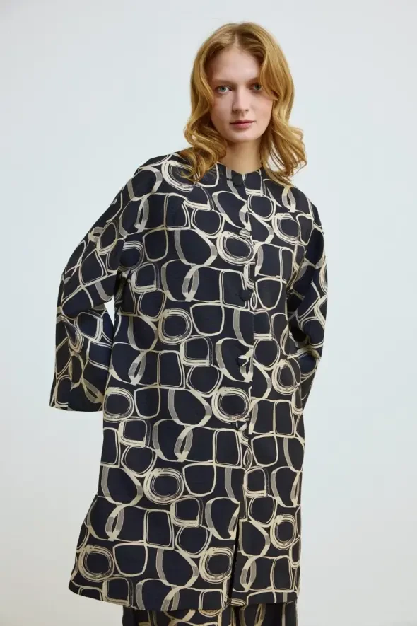 Desenli Yakasız Kaftan - Siyah - 1