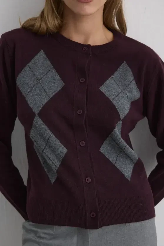 Argyle Wool Knit Cardigan - Mulberry - 6
