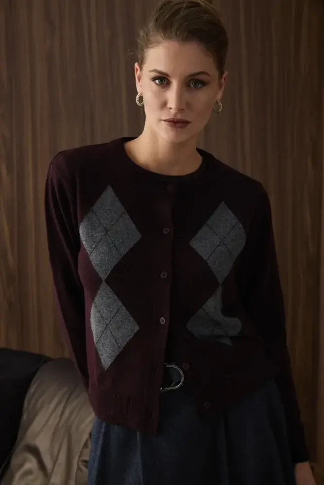 Argyle Wool Knit Cardigan - Mulberry Marroon