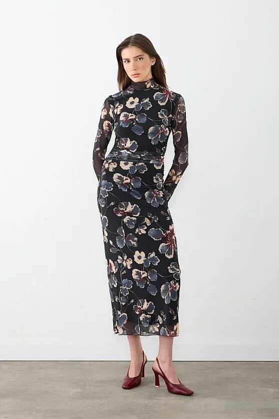 Dik Yakalı Desenli Tül Lycra Maxi Elbise - Siyah - Gusto