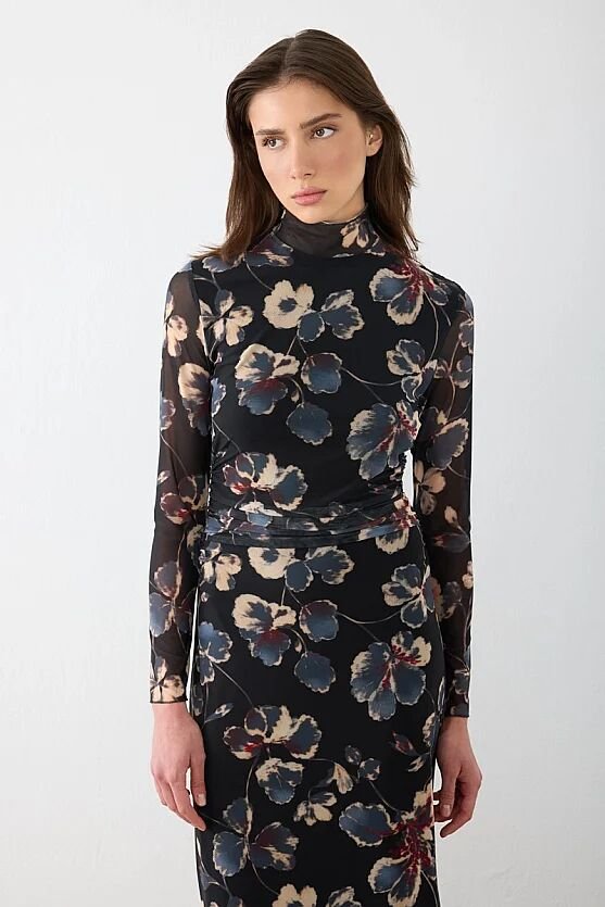 Dik Yakalı Desenli Tül Lycra Maxi Elbise - Siyah - 2