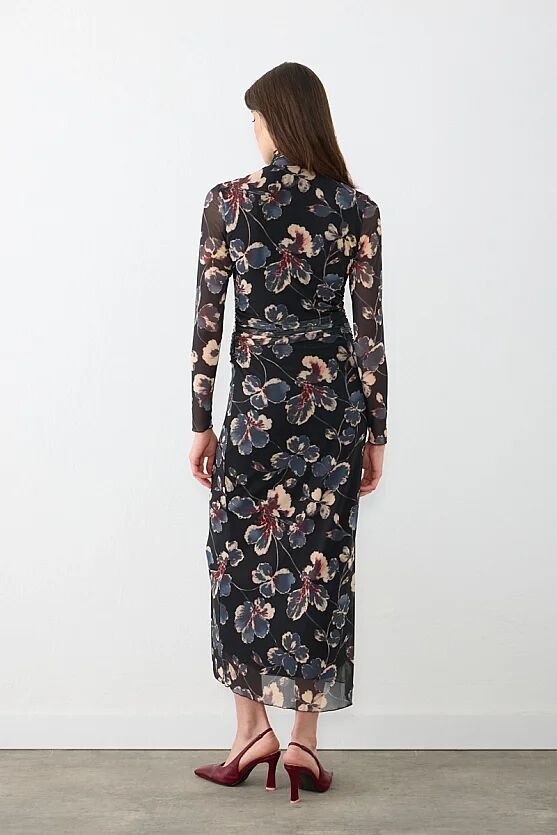 Dik Yakalı Desenli Tül Lycra Maxi Elbise - Siyah - 6