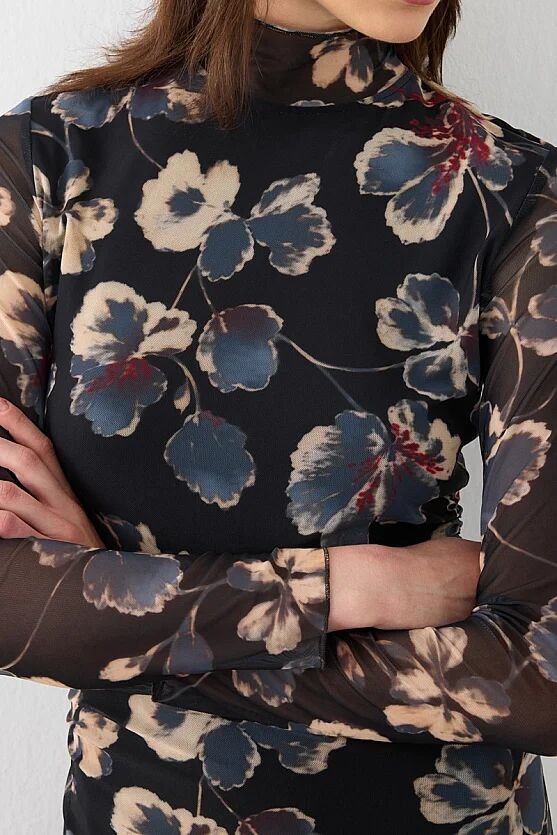 Dik Yakalı Desenli Tül Lycra Maxi Elbise - Siyah - Gusto
