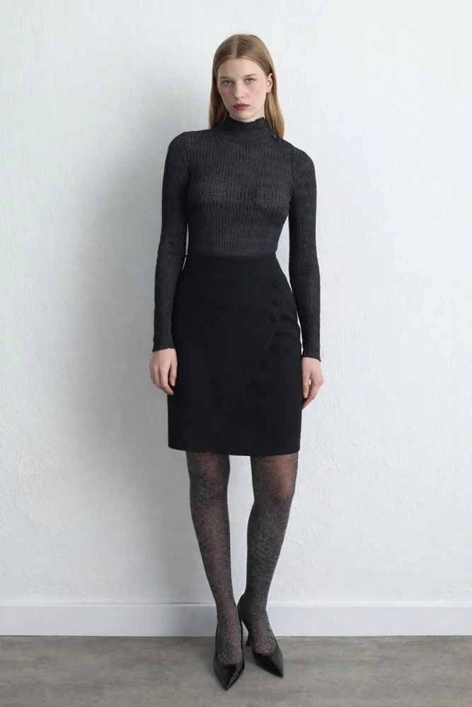 Dik Yakalı Gofreli Triko Bluz - Lacivert Lacivert