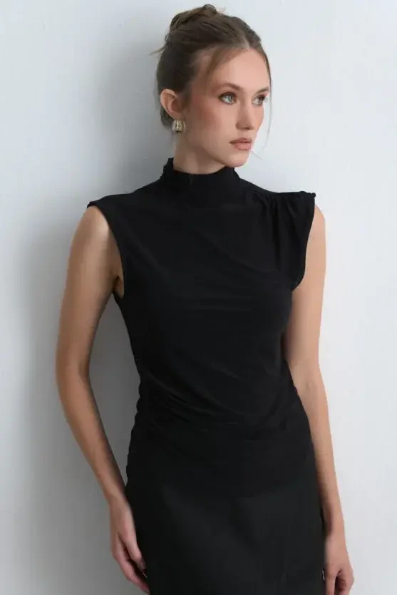 Dik Yakalı Jarse Bluz - Siyah - 3