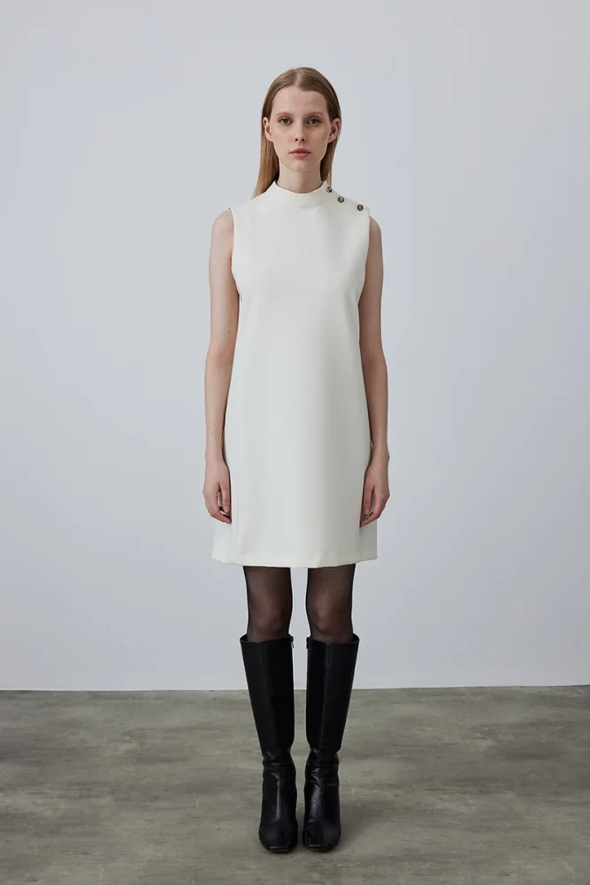 Dik Yakalı Kolsuz Jile Elbise - Ekru