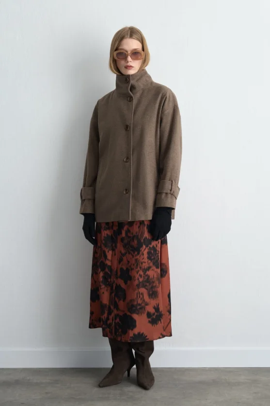 Dik Yakalı Yün Kaban - Vizon - 6