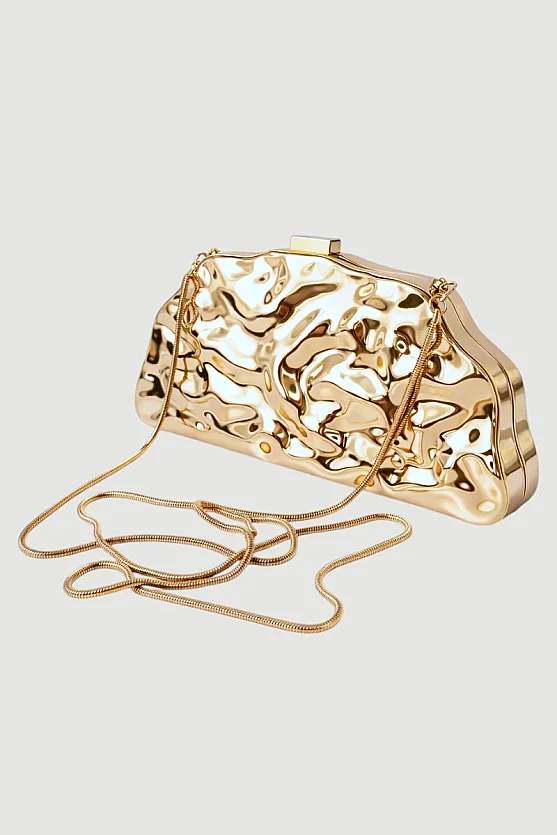 Dokulu Metal Clutch Çanta - Gold - 2