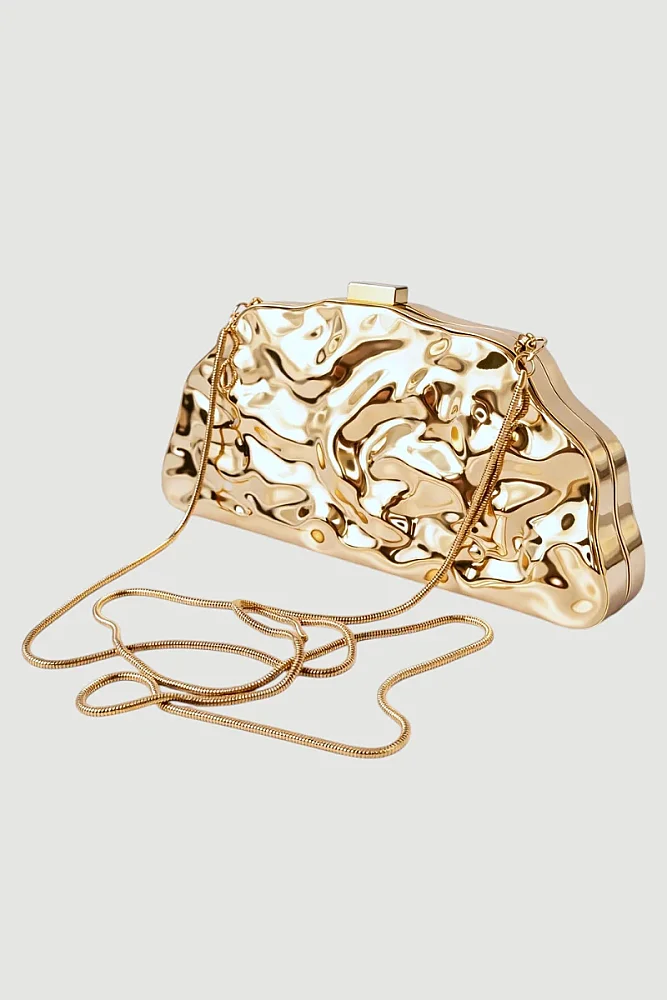 Dokulu Metal Clutch Çanta - Gold - Gusto (1)