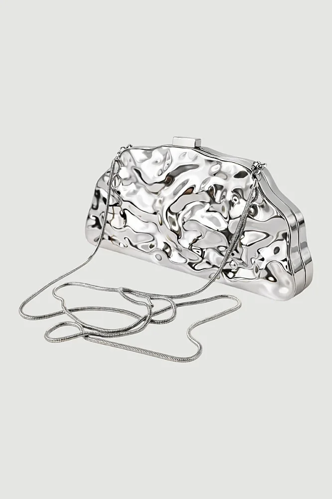 Dokulu Metal Clutch Çanta - Gümüş - Gusto (1)