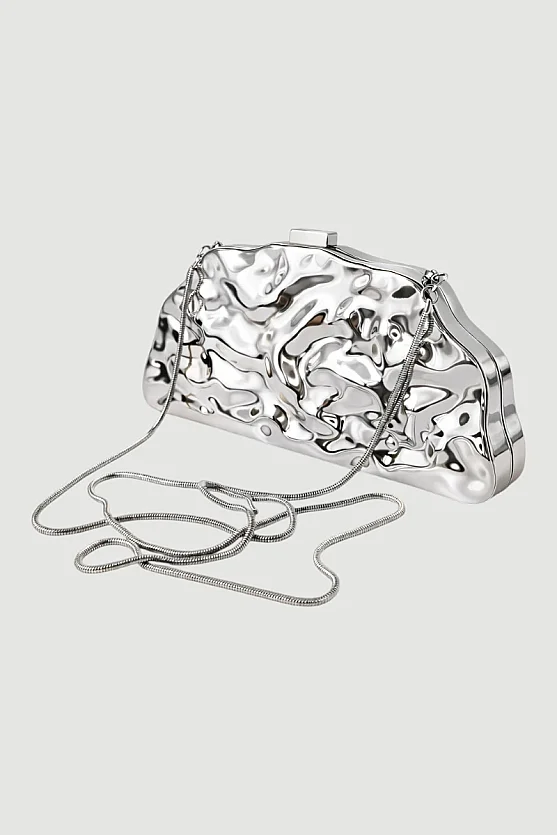 Dokulu Metal Clutch Çanta - Gümüş - 2