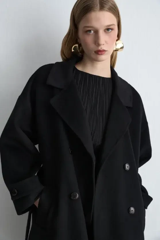 Double-Breasted Unlined Wool Coat - Black - 2