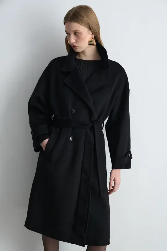 Double-Breasted Unlined Wool Coat - Black - 7