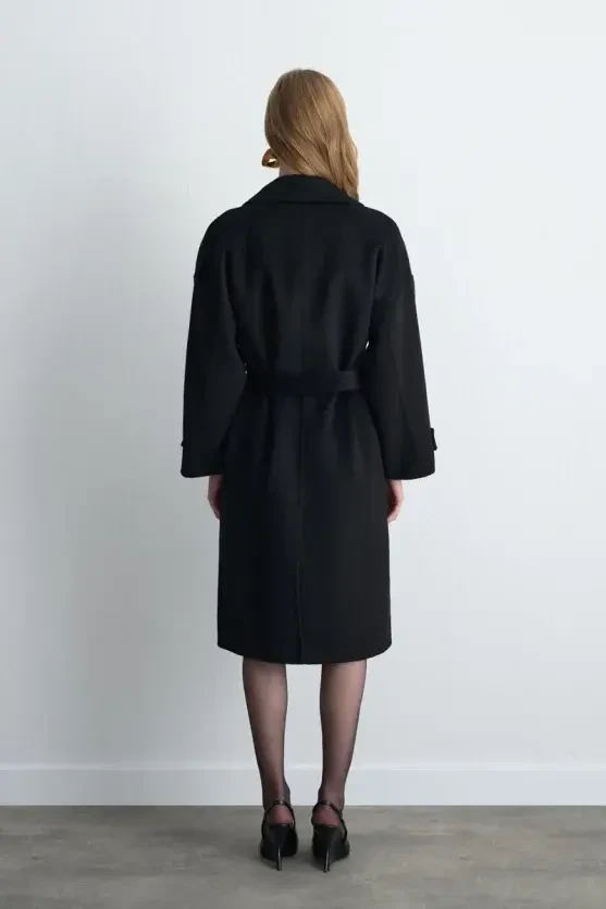 Double-Breasted Unlined Wool Coat - Black - Gusto