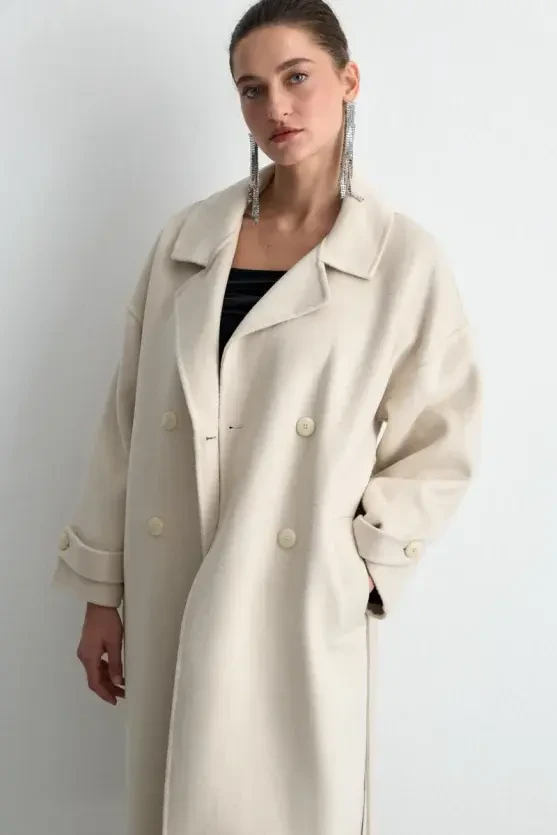 Double-Breasted Unlined Wool Coat - Ecru - 3
