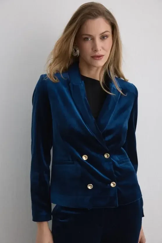 Double-Breasted Velvet Jacket - Navy - Gusto