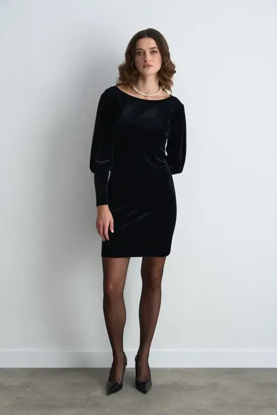 Draped Back Mini Velvet Dress - Black - 4
