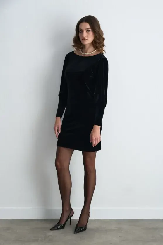 Draped Back Mini Velvet Dress - Black - 5